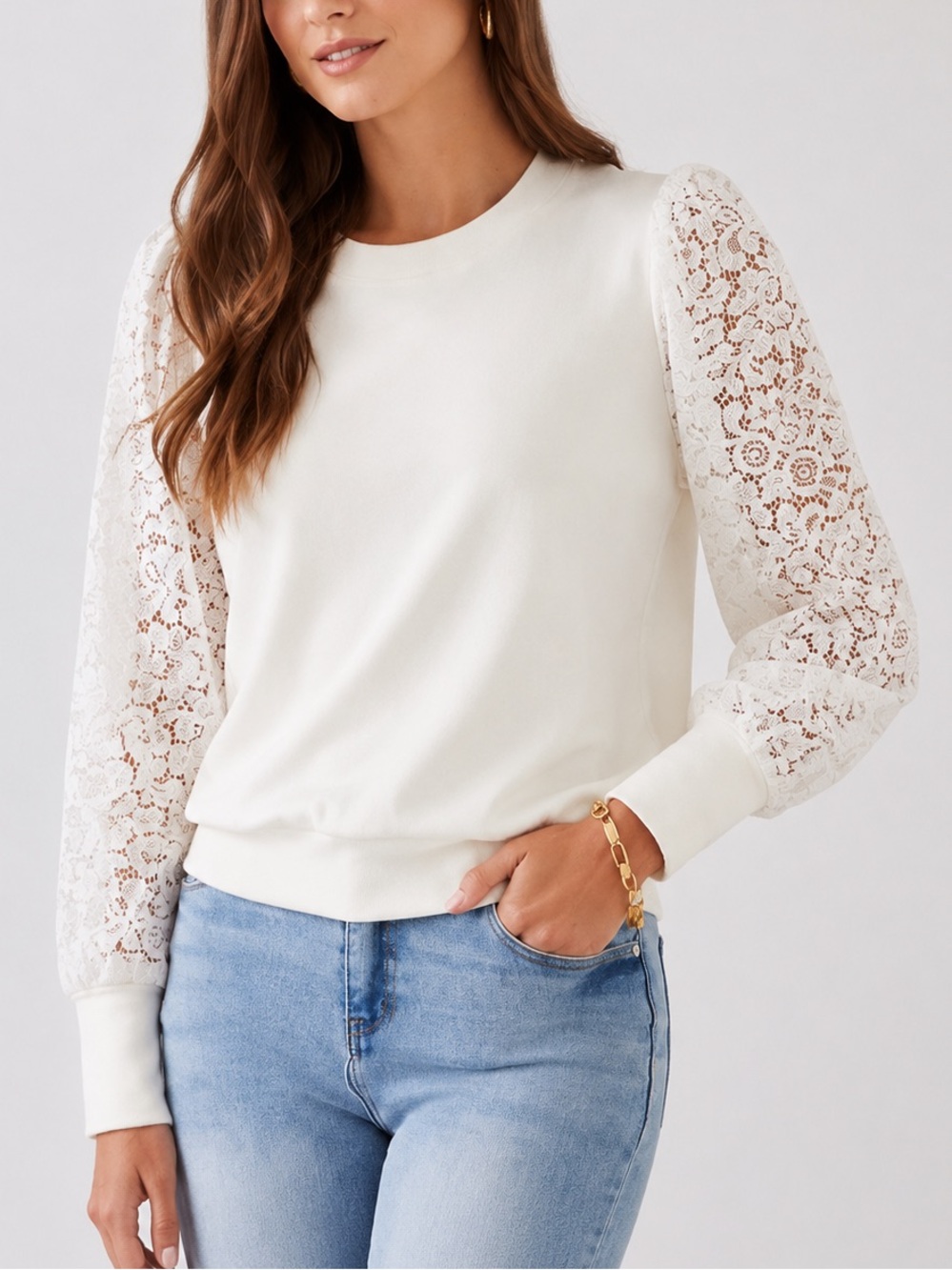 🆕🥥 Karen Kane Lace Sweatshirt Top White Cream Medium Feminine Casual Sweater